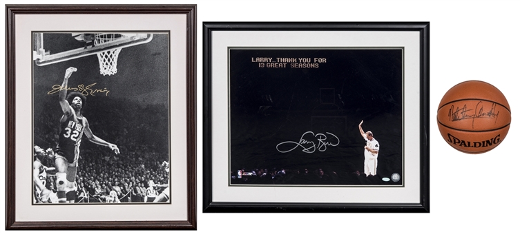 Lot of (3) Julius Erving & Larry Bird Single-Signed Photographs In Individual 22 x 26 Framed Displays & Nate “Tiny” Archibald Signed Basketball (Steiner & Beckett) 